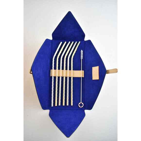 Louis Vuitton Metal Gold Silver Monogram Drinking Straws And Pouch Brown Case - Picture 2 of 12